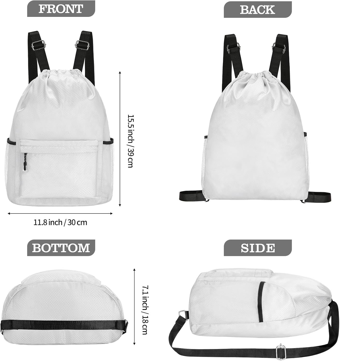 Waterproof Drawstring Bag, Lightweight String Backpack with Water Bottle Holder and Pockets, Gym Sports Cinch Sackpack (Grey)