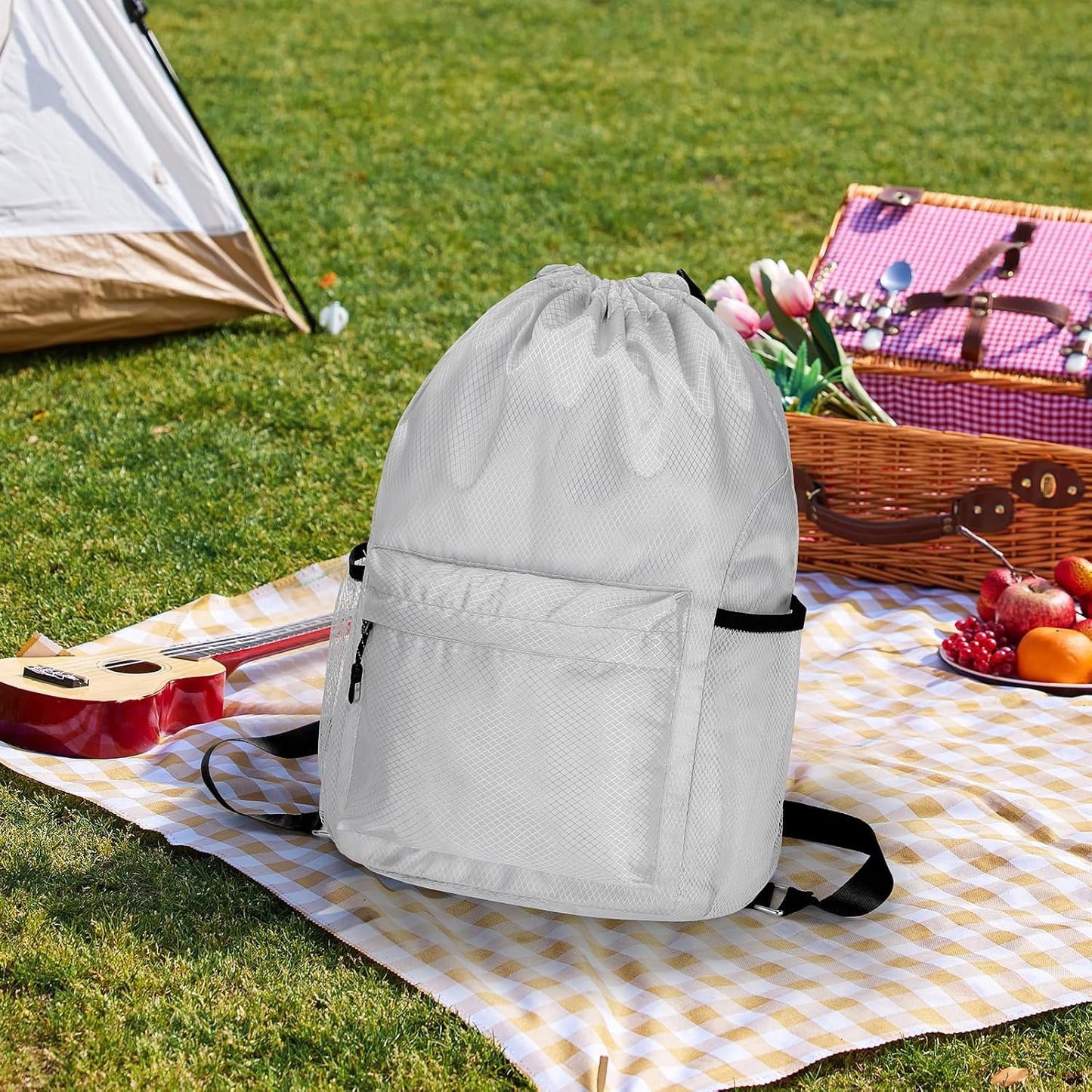 Waterproof Drawstring Bag, Lightweight String Backpack with Water Bottle Holder and Pockets, Gym Sports Cinch Sackpack (Grey)