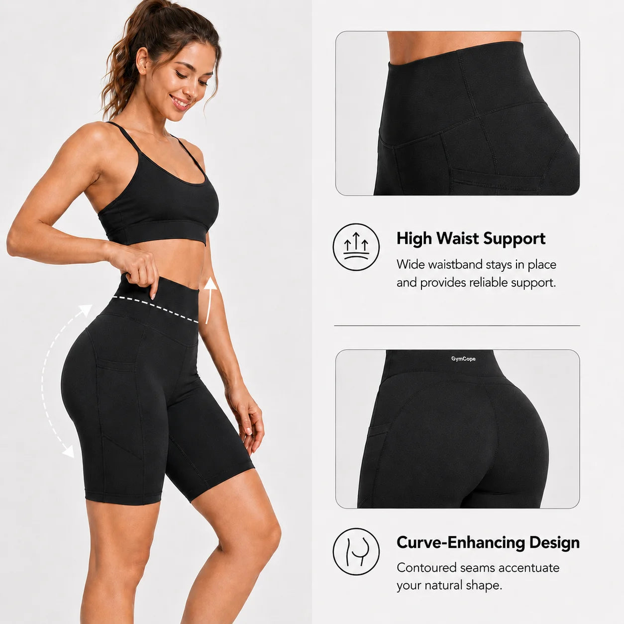 Womens 8" High Waist Yoga Shorts for Women Athletic Biker Shorts Workout Shorts Tummy Control Deep Pockets, Black, XXL