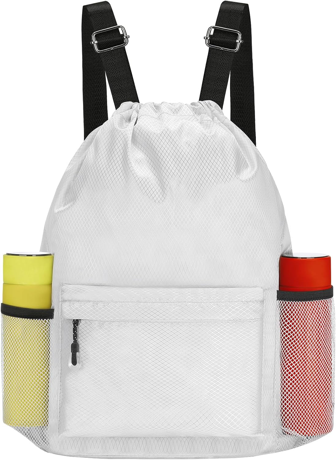 Waterproof Drawstring Bag, Lightweight String Backpack with Water Bottle Holder and Pockets, Gym Sports Cinch Sackpack (Grey)