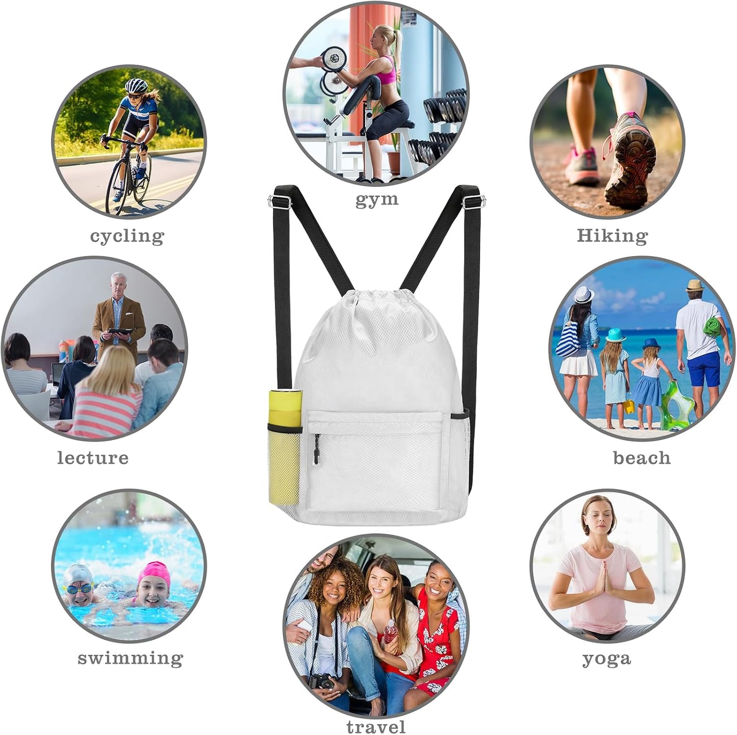 Waterproof Drawstring Bag, Lightweight String Backpack with Water Bottle Holder and Pockets, Gym Sports Cinch Sackpack (Grey)