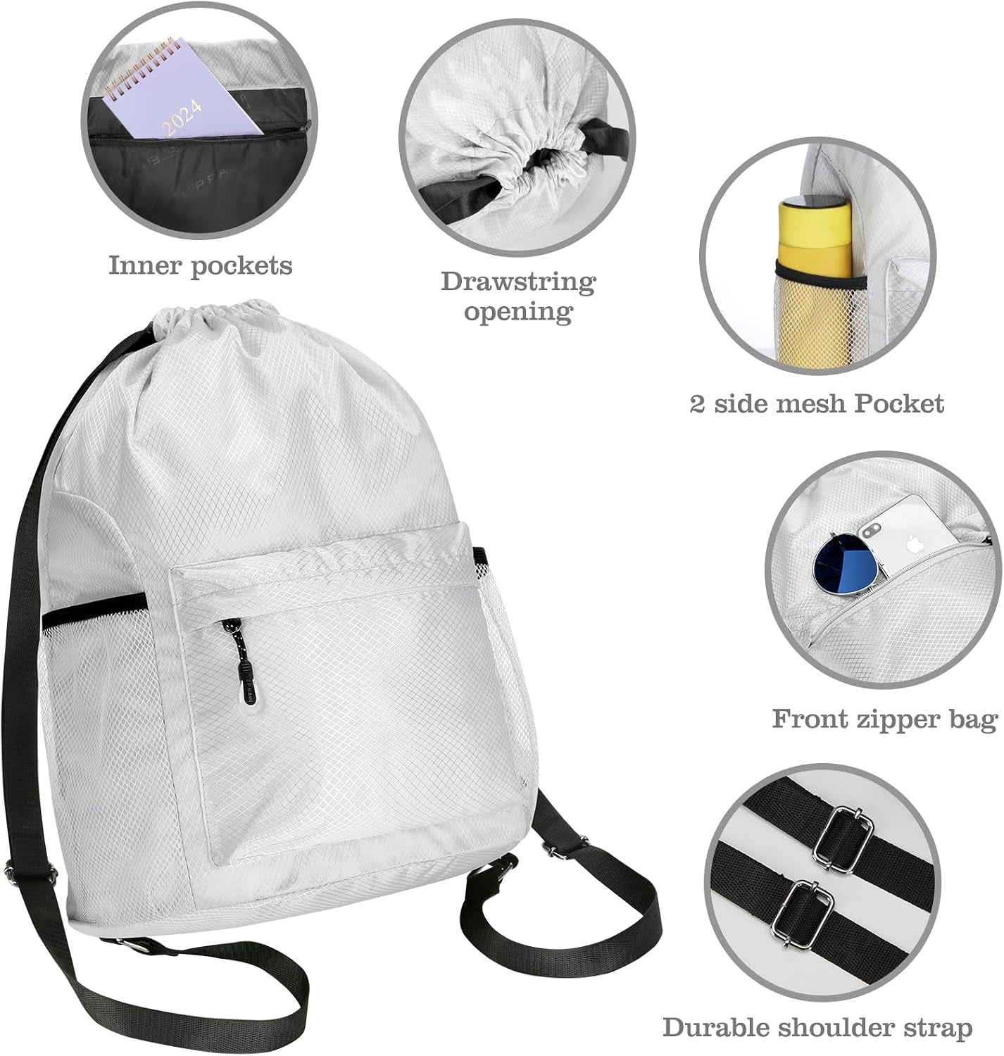 Waterproof Drawstring Bag, Lightweight String Backpack with Water Bottle Holder and Pockets, Gym Sports Cinch Sackpack (Grey)