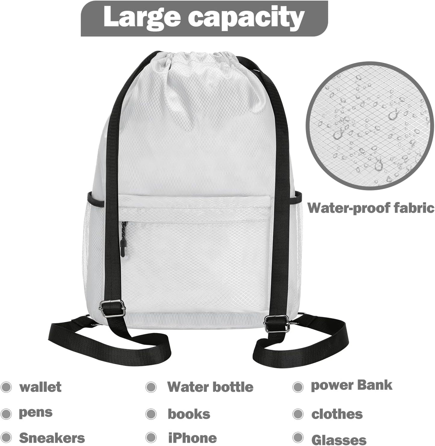 Waterproof Drawstring Bag, Lightweight String Backpack with Water Bottle Holder and Pockets, Gym Sports Cinch Sackpack (Grey)