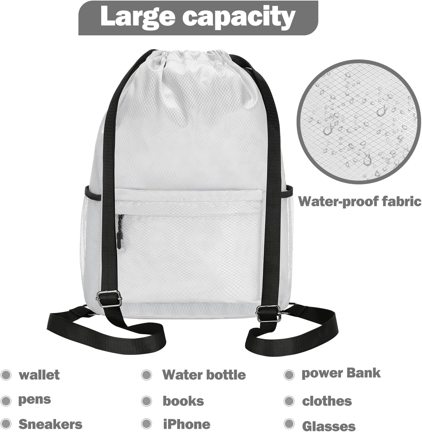 Waterproof Drawstring Bag, Lightweight String Backpack with Water Bottle Holder and Pockets, Gym Sports Cinch Sackpack (Grey)