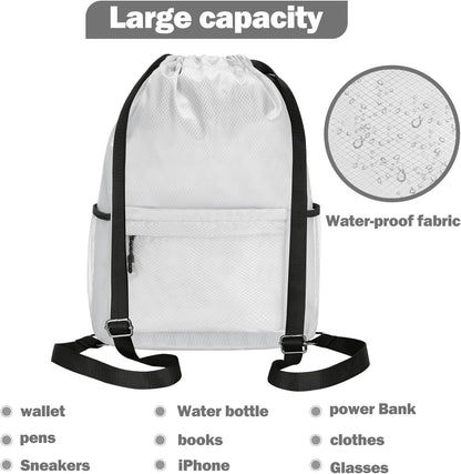 Waterproof Drawstring Bag, Lightweight String Backpack with Water Bottle Holder and Pockets, Gym Sports Cinch Sackpack (Grey)
