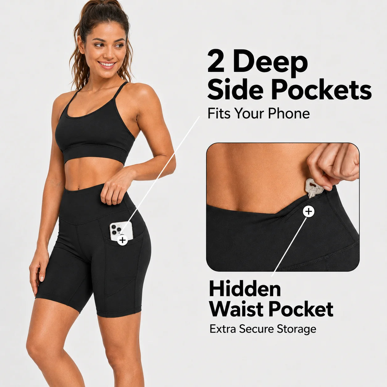 Womens 8" High Waist Yoga Shorts for Women Athletic Biker Shorts Workout Shorts Tummy Control Deep Pockets, Black, XXL