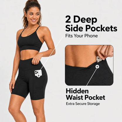 Womens 8" High Waist Yoga Shorts for Women Athletic Biker Shorts Workout Shorts Tummy Control Deep Pockets, Black, XXL