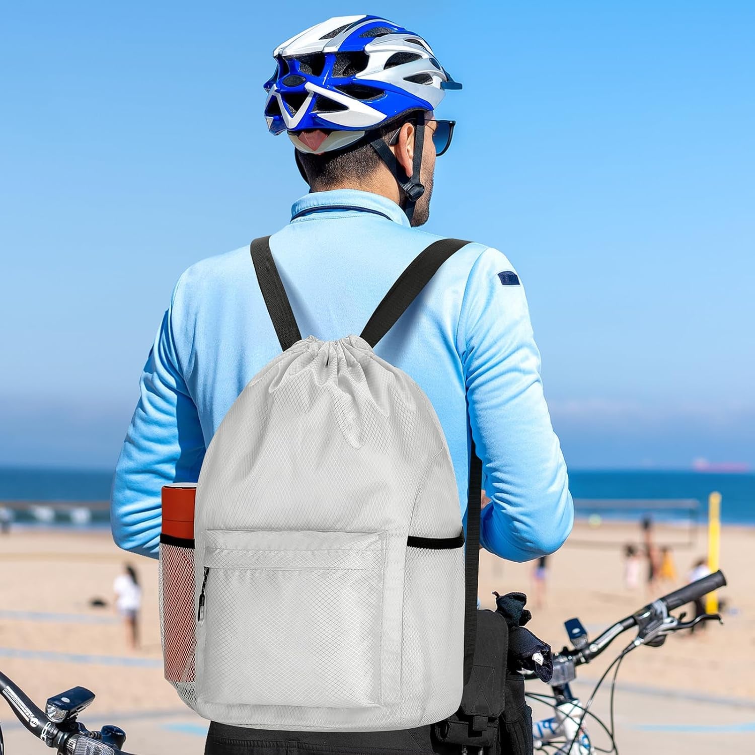Waterproof Drawstring Bag, Lightweight String Backpack with Water Bottle Holder and Pockets, Gym Sports Cinch Sackpack (Grey)